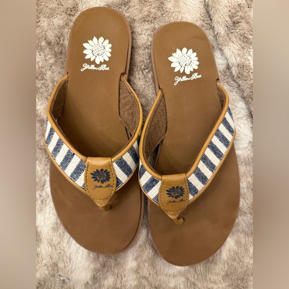 Yellow Box Striped Tan and Navy Sandals (Flip Flops)